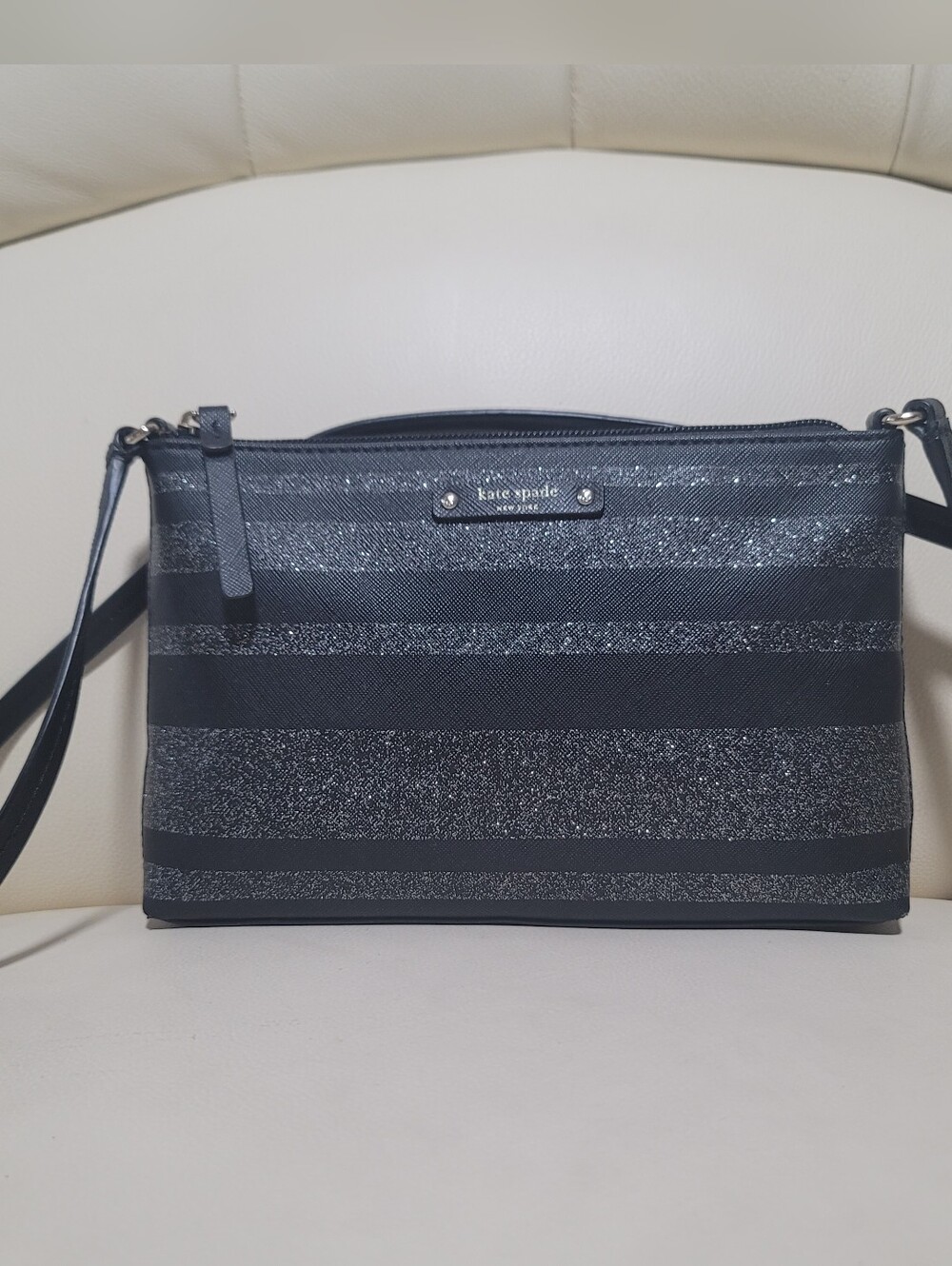 Kate Spade Black and Silver Glitter Stripe Crossbody Bag